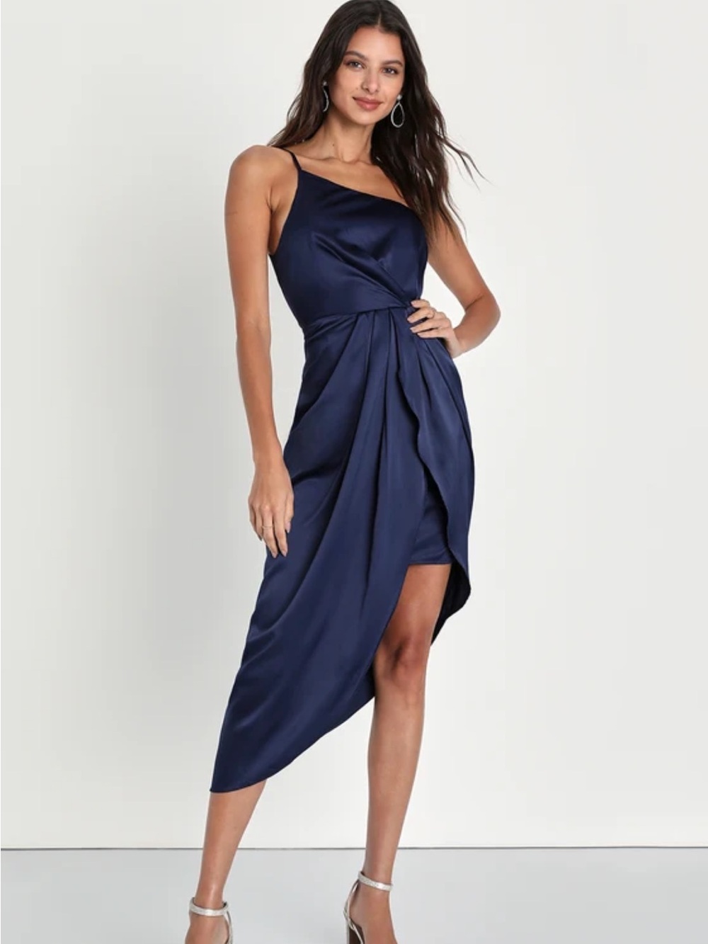 NWT! Lulus Law of Attraction Navy Blue One-Shoulder Asymmetrical Midi Dress